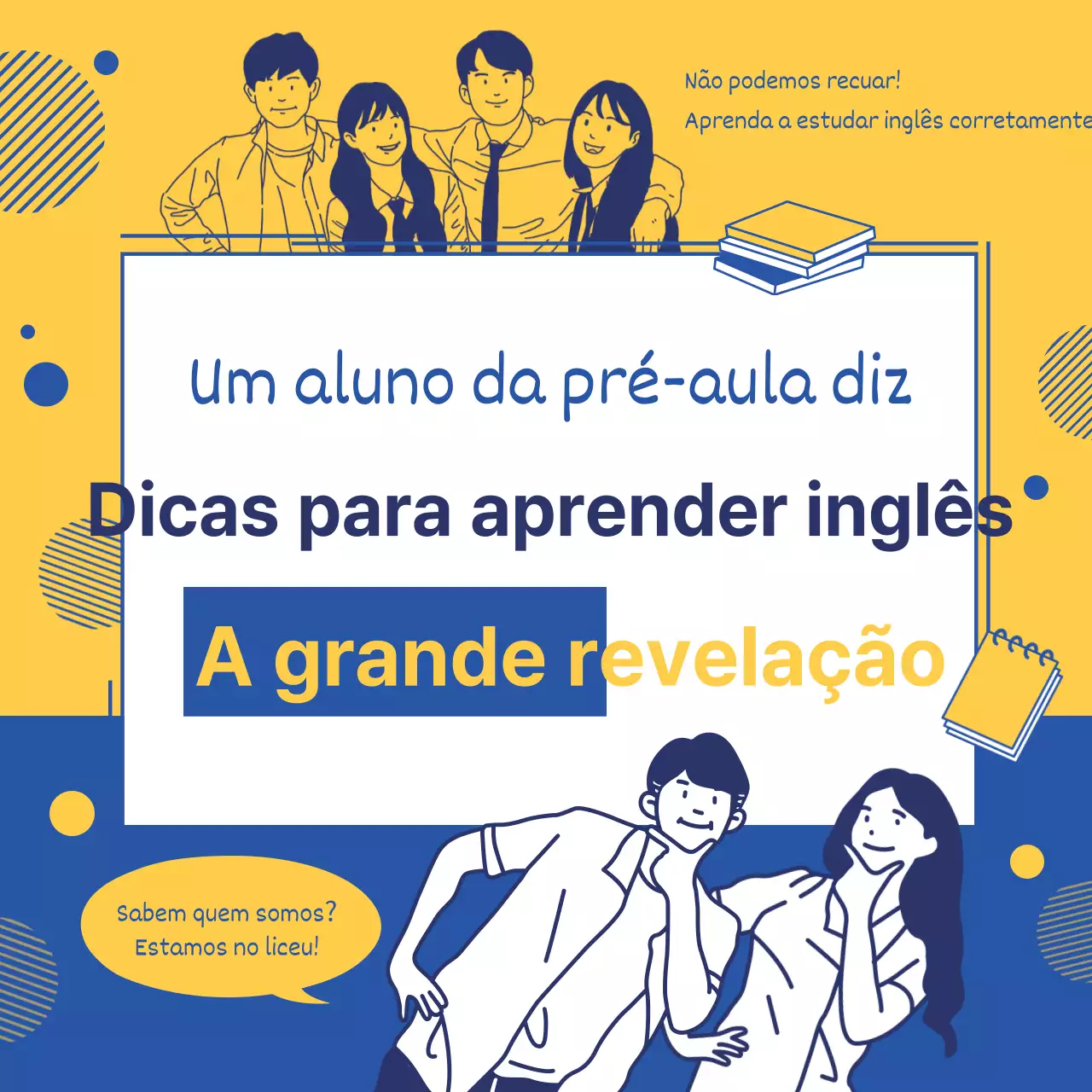 Ilustração de linhas simples em amarelo e azul para promover dicas de aprendizagem de inglês