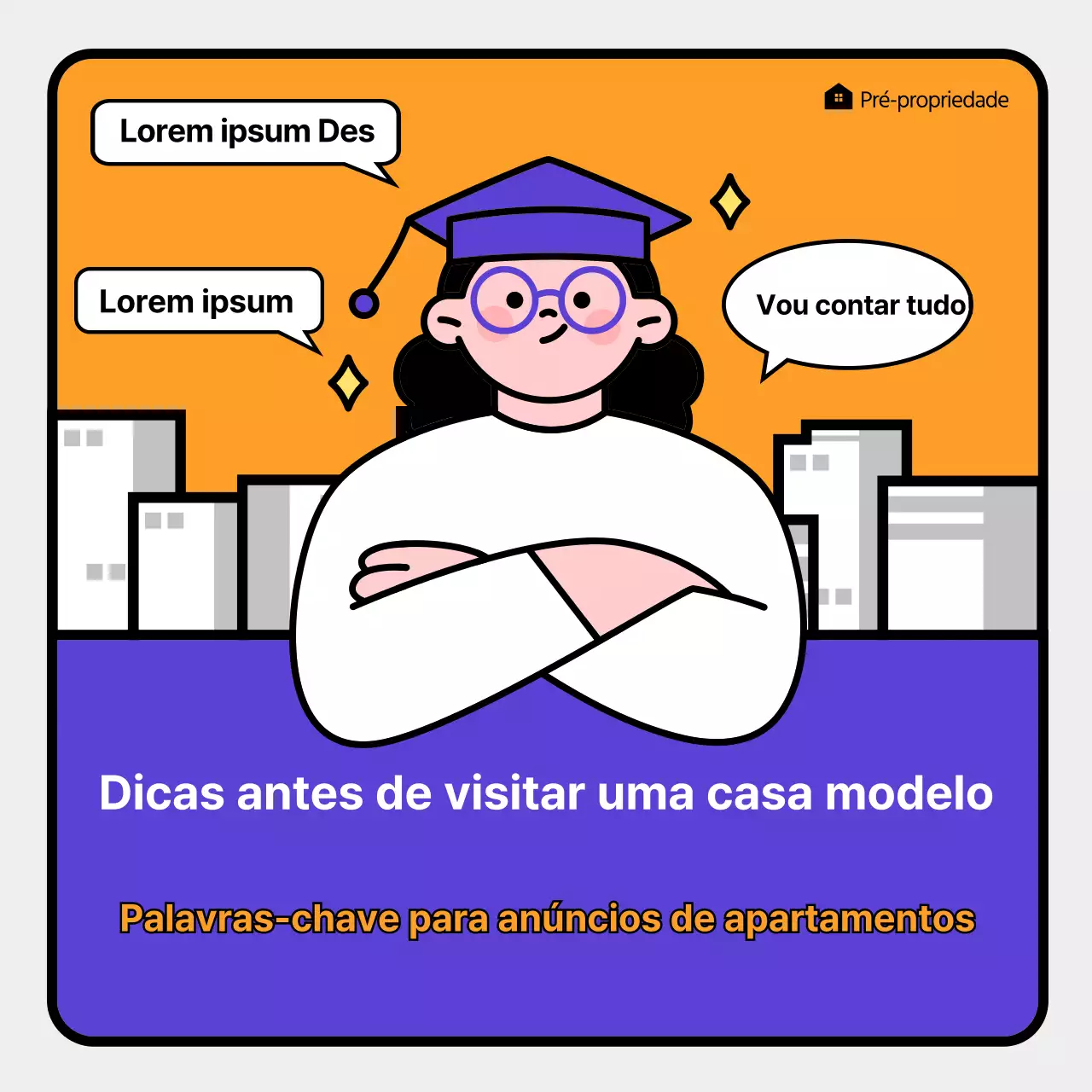 Guia ilustrado roxo e cor de laranja de informação por palavra-chave sobre a listagem de apartamentos