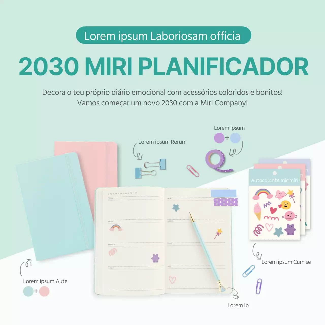 Uma exposição de agendas e instrumentos de escrita cor de menta