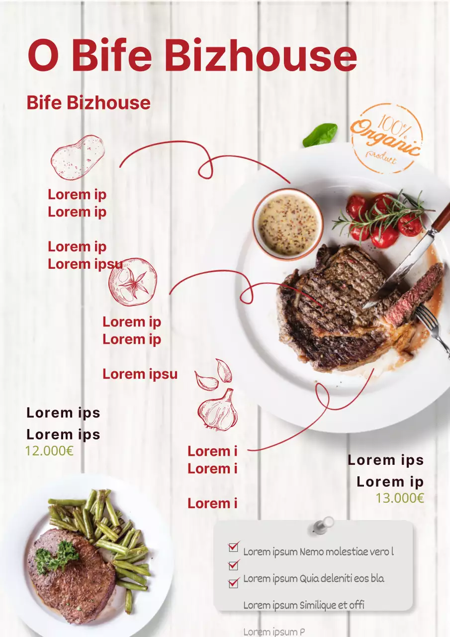 Promover uma nova ementa de bifes com um visual limpo a branco e vermelho