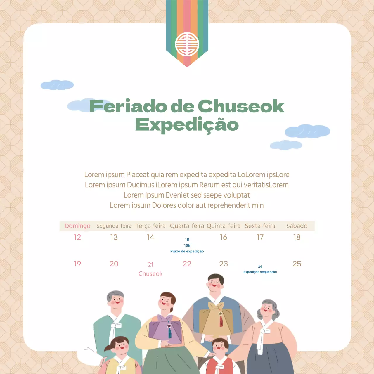 Aviso de entrega do feriado de Chuseok com um fundo bege com padrão quente