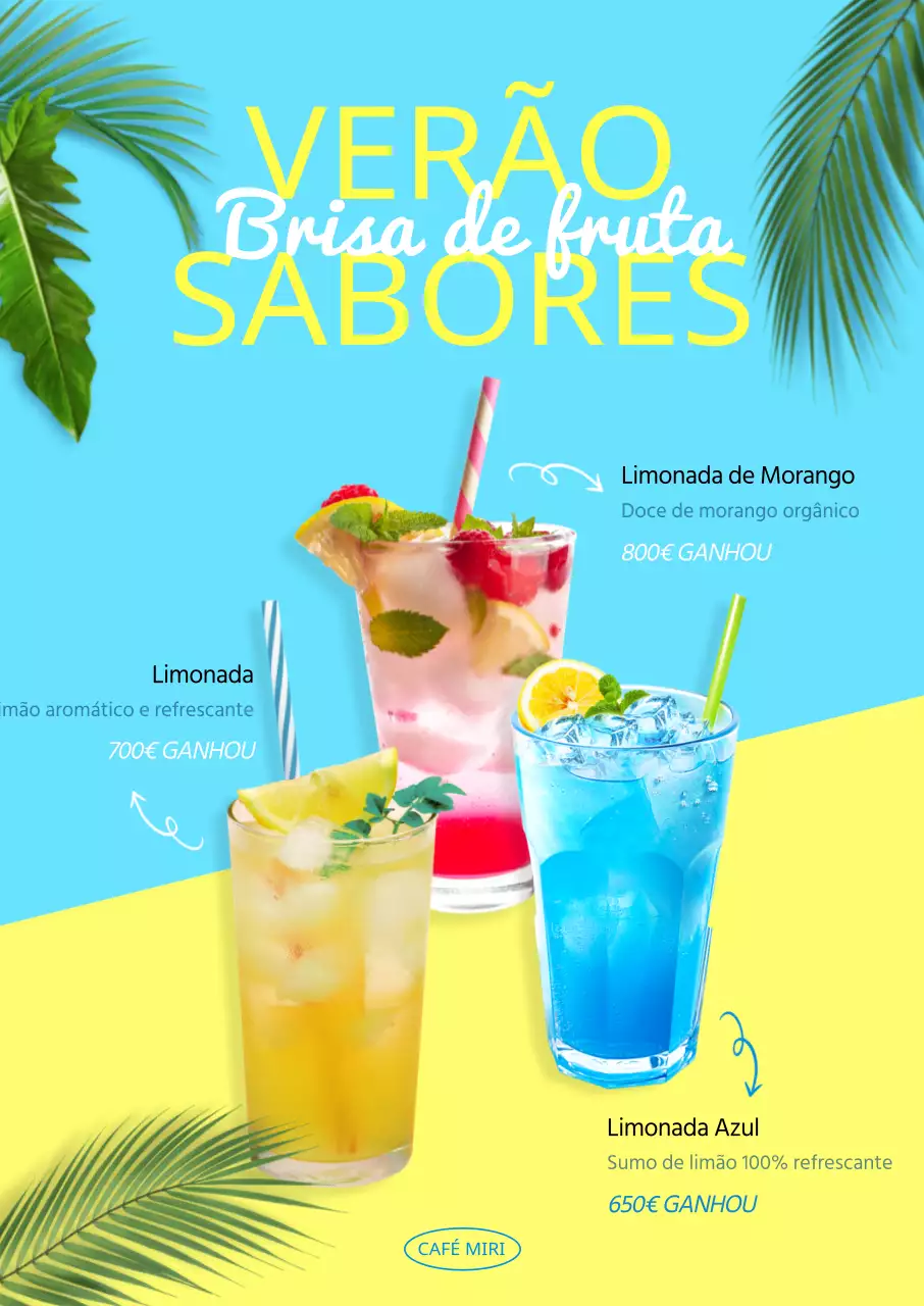 Menu Café Aid com um fundo azul-amarelo claro e palmeiras para um ambiente de verão
