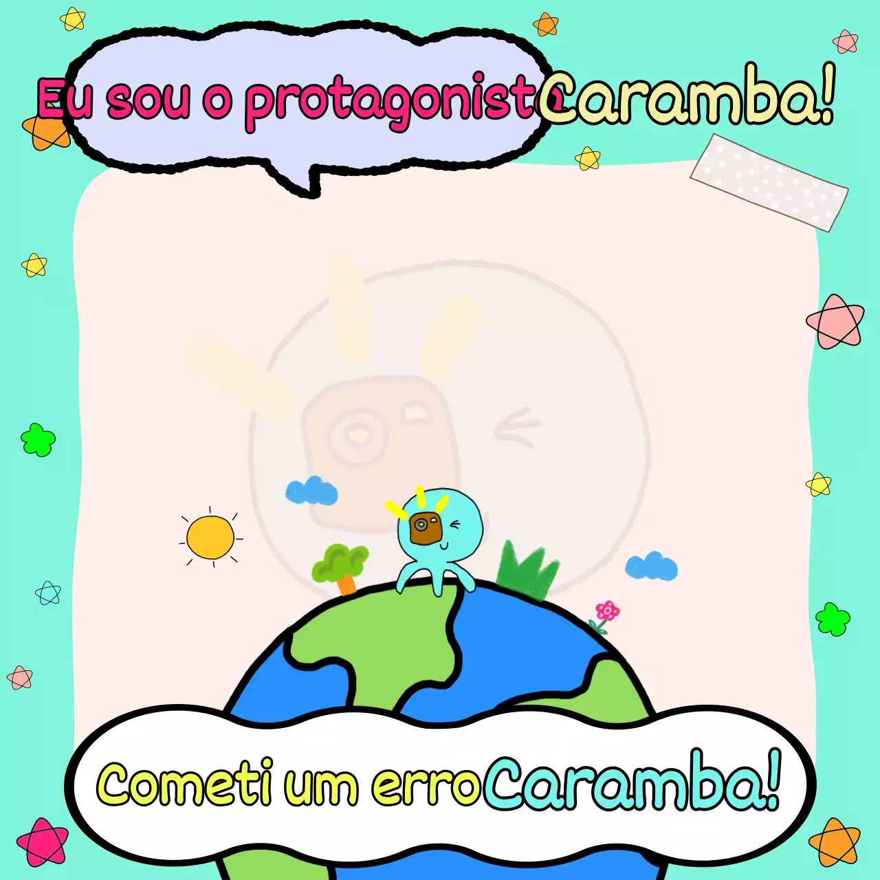 Uma divertida nota de mochi com doodle com um fundo de menta e uma personagem de polvo azul claro