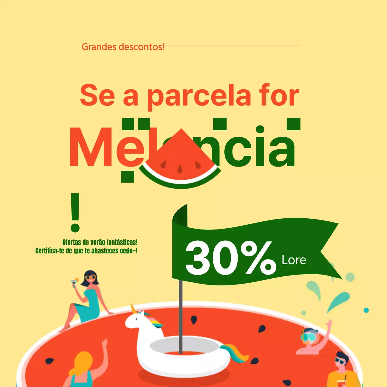 Ofertas de verão em amarelo e ilustrações de melancia
