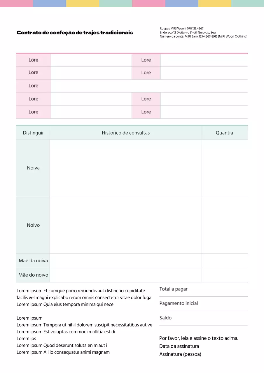 Contrato de personalização de hanbok em rosa e chartreuse