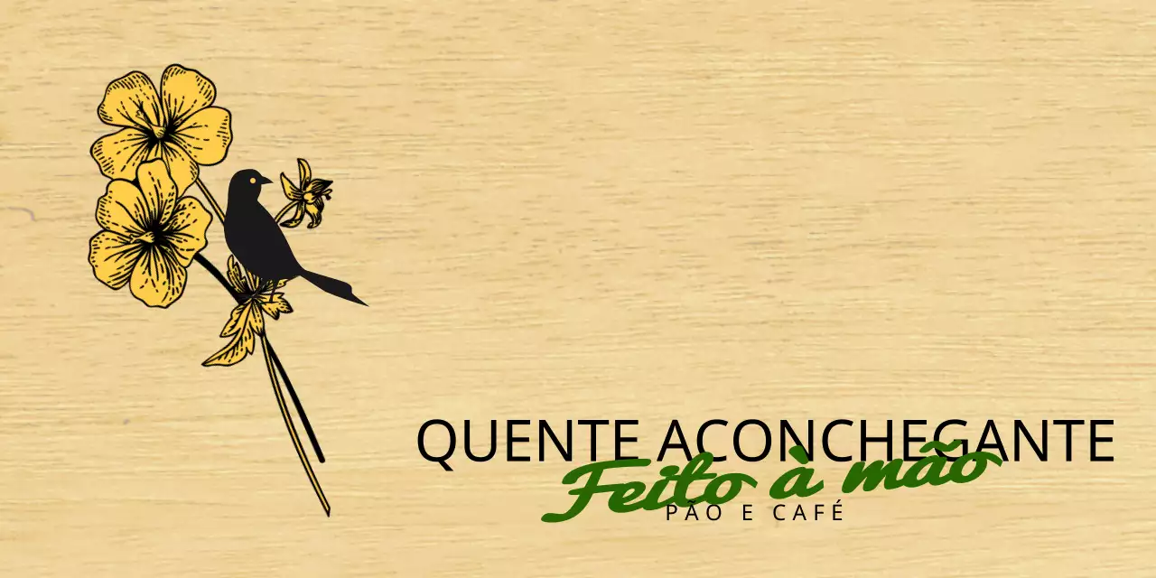 Design emocional de um café com padaria com ilustrações de flores e pássaros a preto e amarelo
