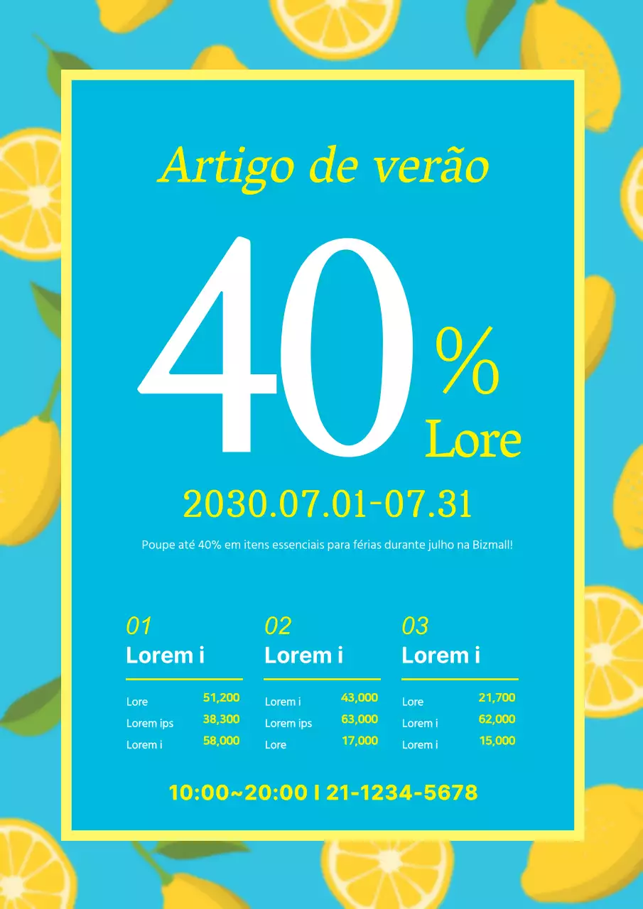 Folheto a promover uma venda de artigos de verão em azul claro e amarelo