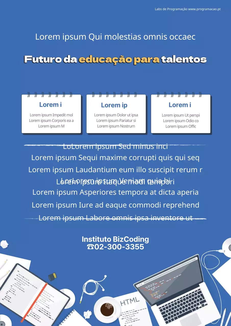 Laboratório de Bizcoding com ilustração de material de escritório azul e branco