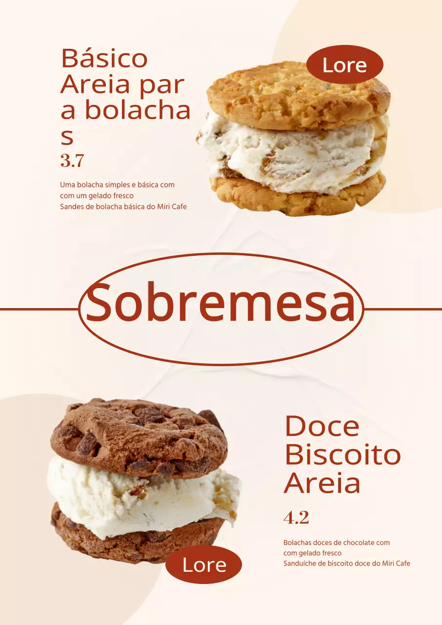 Apresentação do menu de sobremesas do café em marfim e vermelho