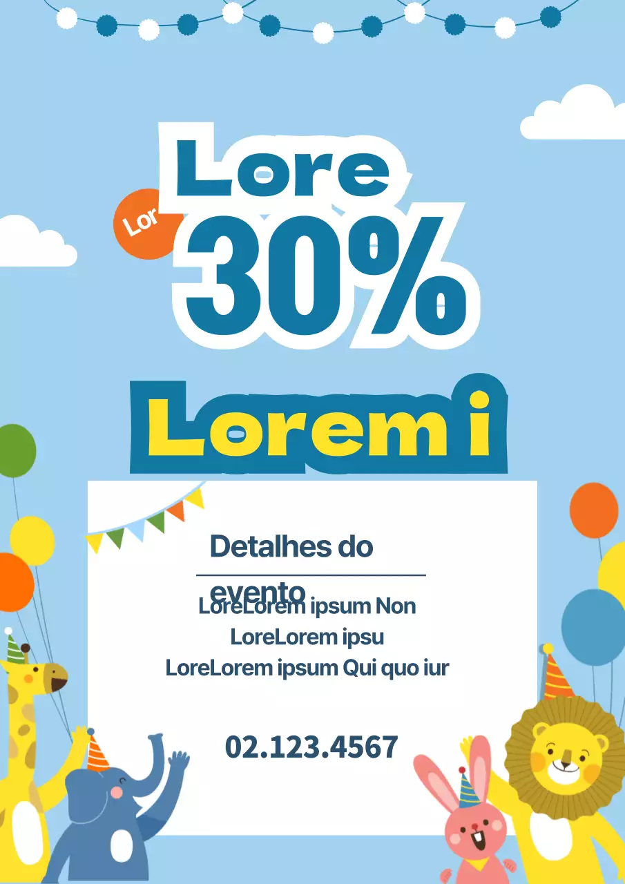 Promover uma venda para o Dia da Criança com um conceito giro com ilustrações de animais em azul.