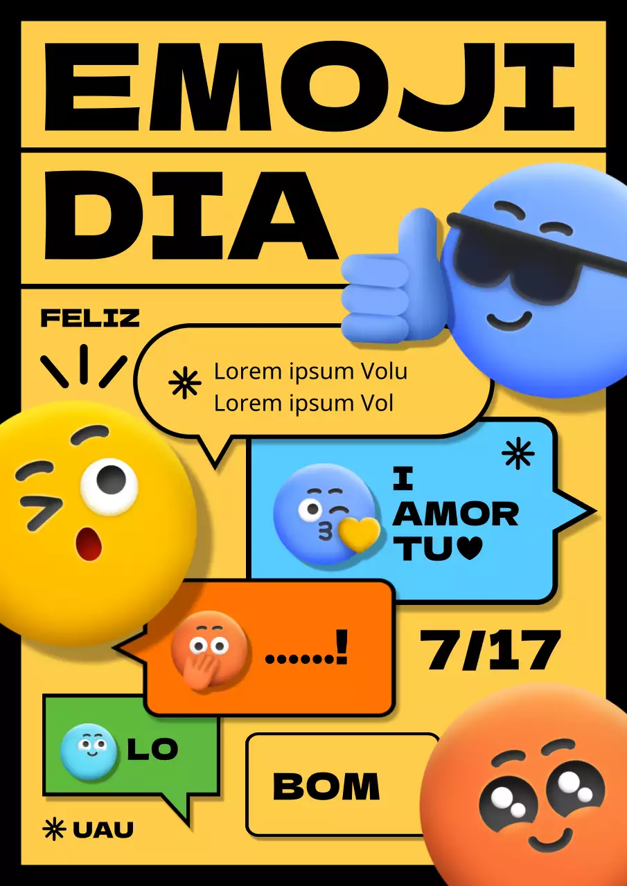 Promover o Dia Mundial dos Emojis com emojis coloridos sobre um fundo amarelo
