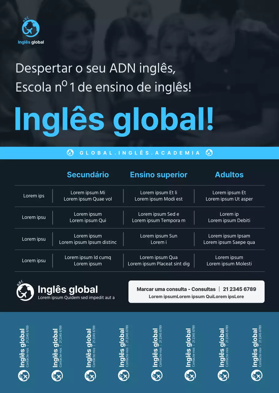 Estilo simples e limpo em azul e azul-marinho escuro para informação e promoção de escolas de inglês