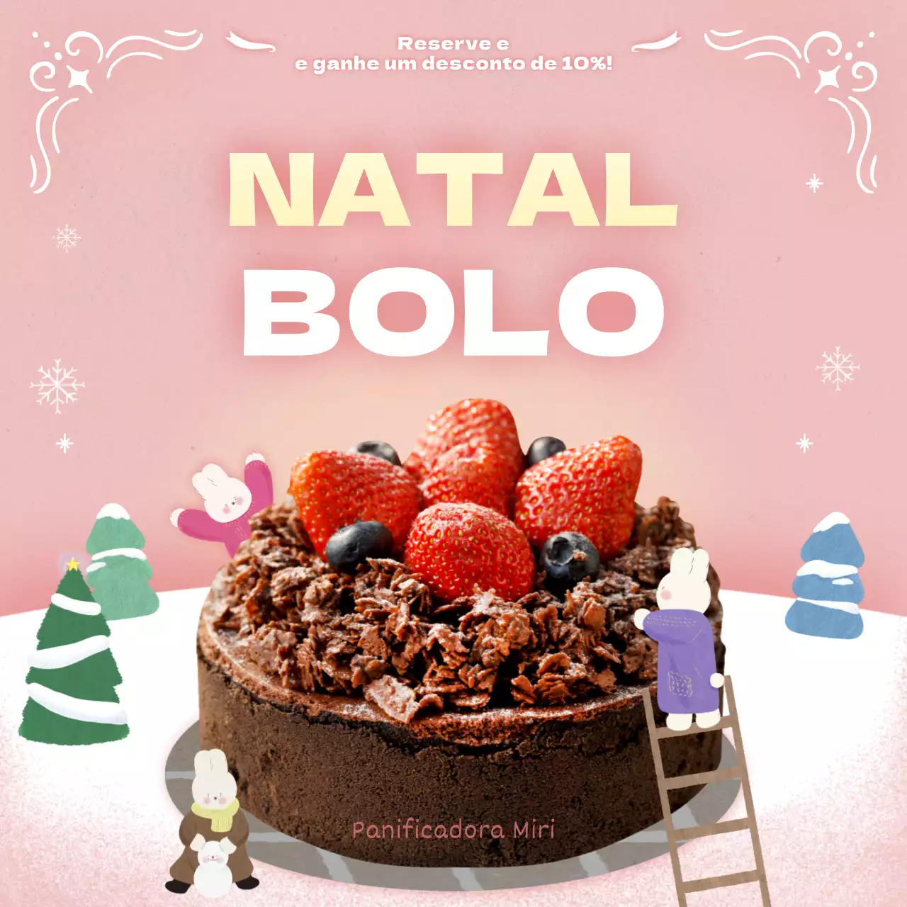 Reserve um bolo de Natal com uma ilustração de um bonito coelhinho cor-de-rosa