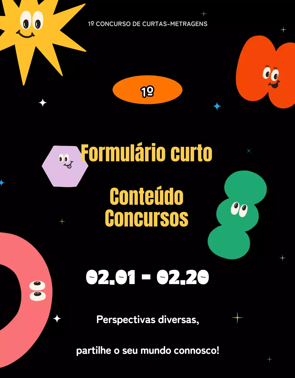 Concurso de conteúdos curtos e divertidos com formas e ilustrações coloridas