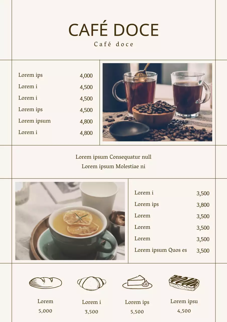 Ementa de café elegante com fotografias