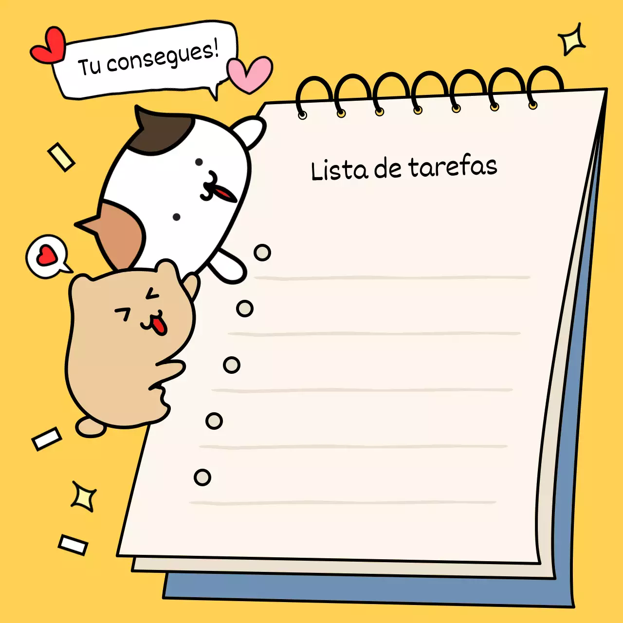 Notas de rabiscos grosseiros com fundos amarelos e personagens animais em bolos de arroz