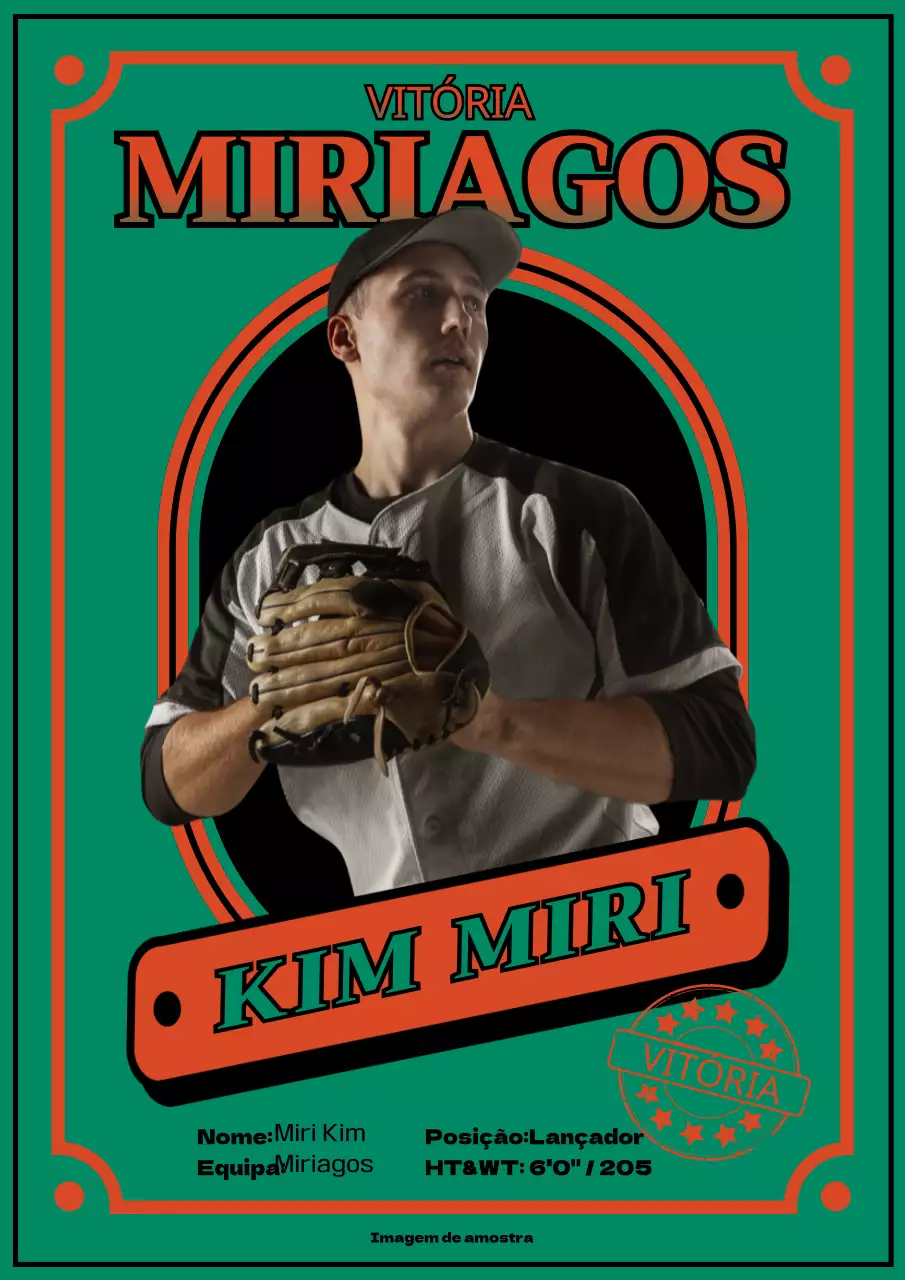 Promova um jogador de basebol com uma moldura retro em laranja e verde.