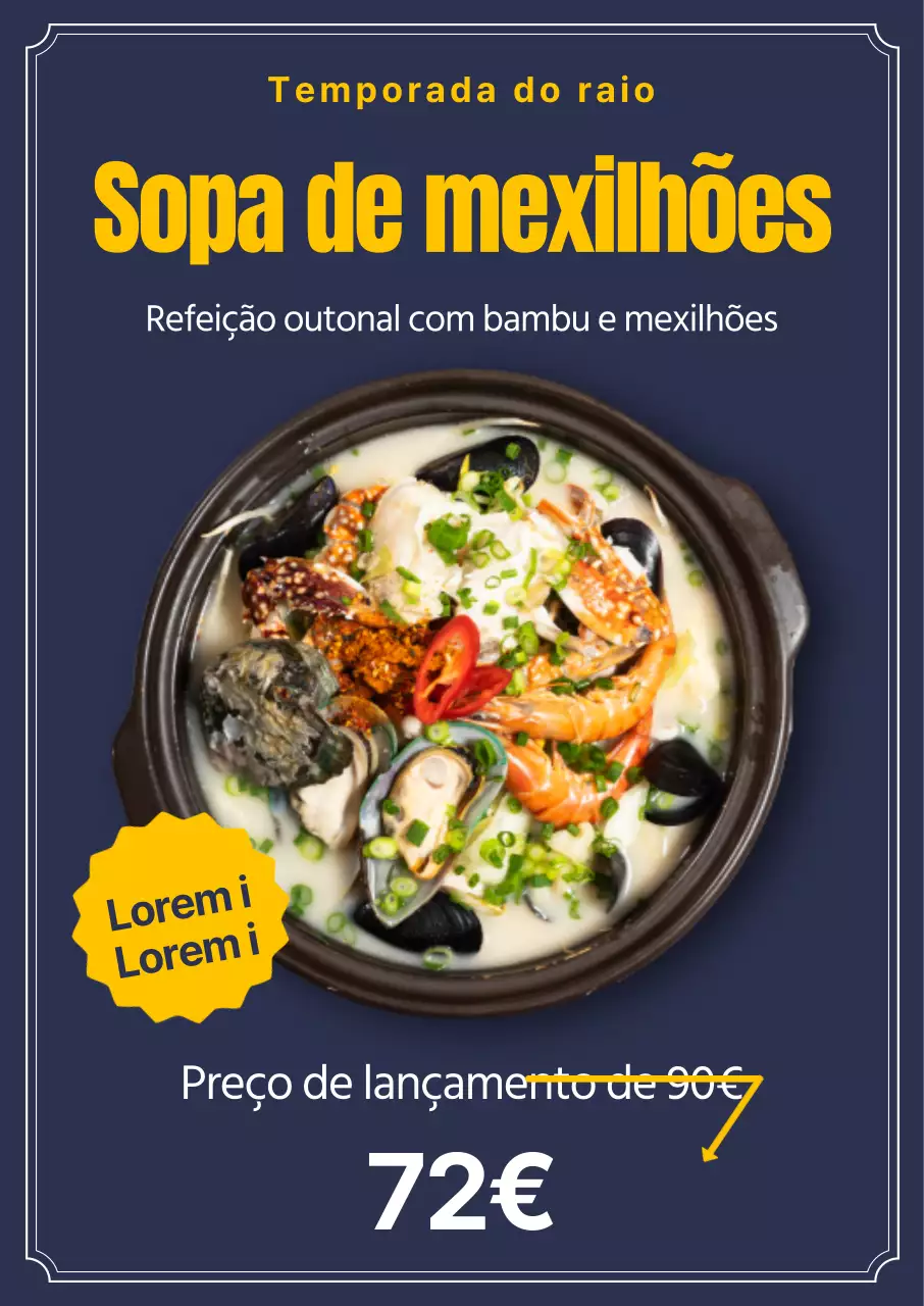 Sopa de mexilhões Apresentação simples das fotografias e do texto, com toques de amarelo e pratos sazonais de outono Restauração