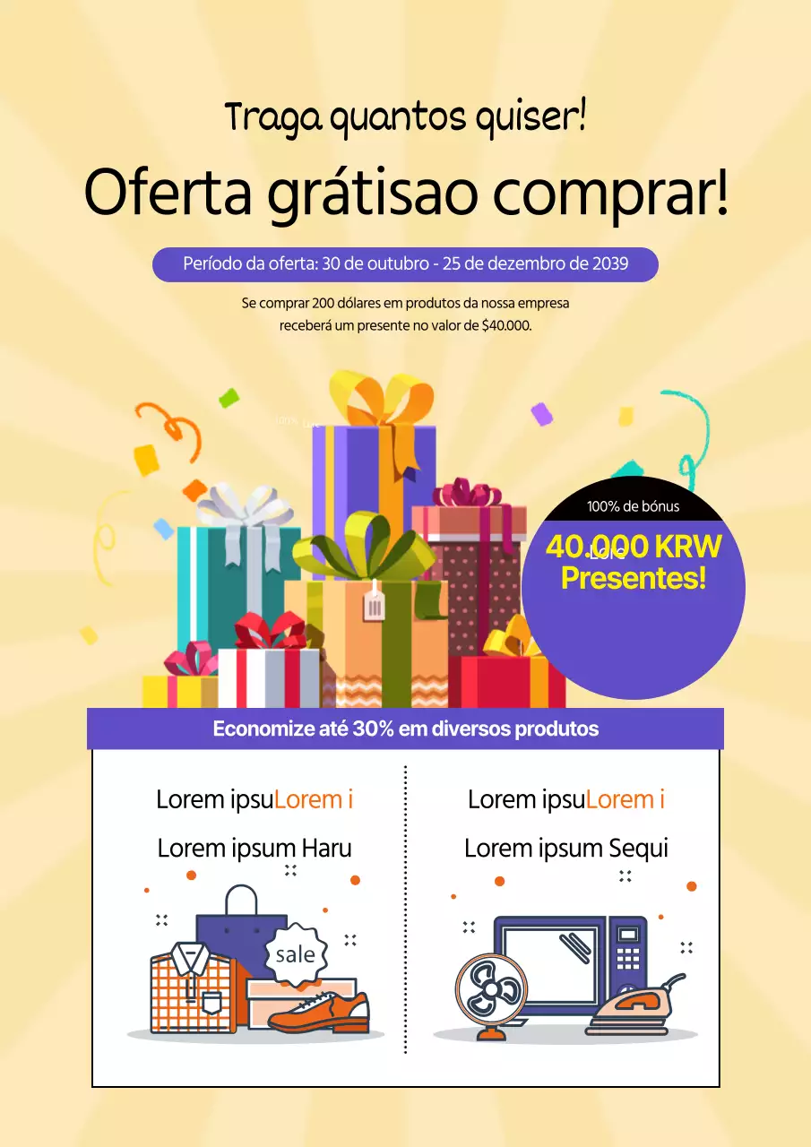 Folheto de promoção de um evento de saldos num centro comercial em amarelo e roxo