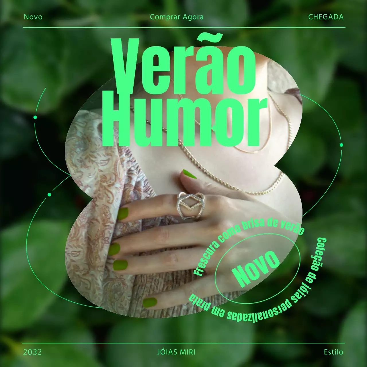 Promover jóias tipográficas em verde e chartreuse fluorescente para um visual luxuoso