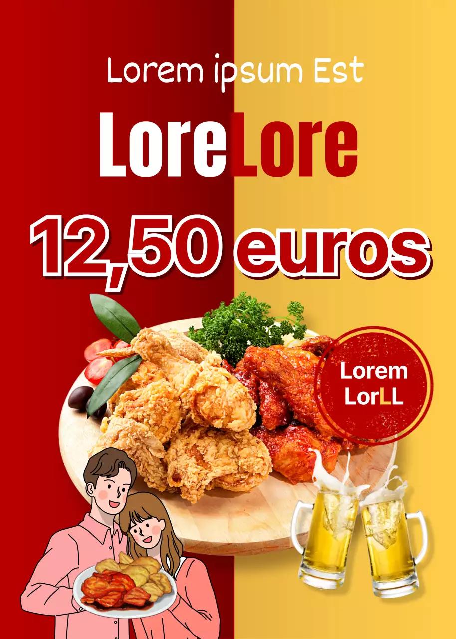Uma promoção vermelha e amarela para uma oferta de frango para o dia do casal