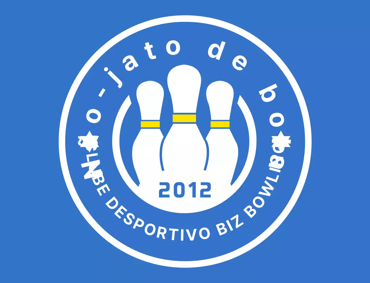 Uma ilustração e um logótipo de emblema de bowling simples em azul claro, branco e amarelo para um clube desportivo de bowling.