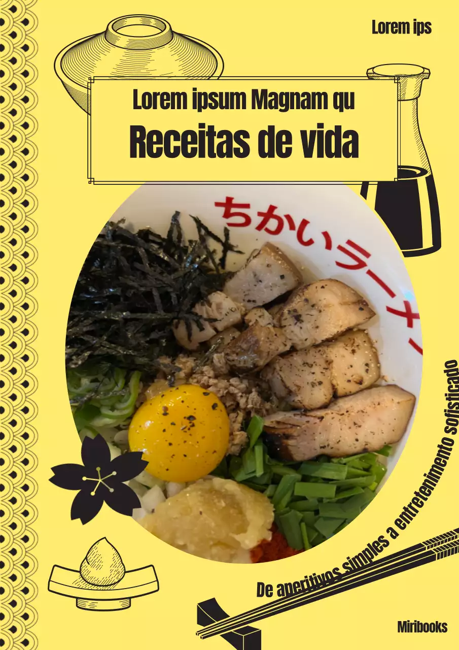Receitas japonesas com ilustrações a cores amarelas e a preto e branco