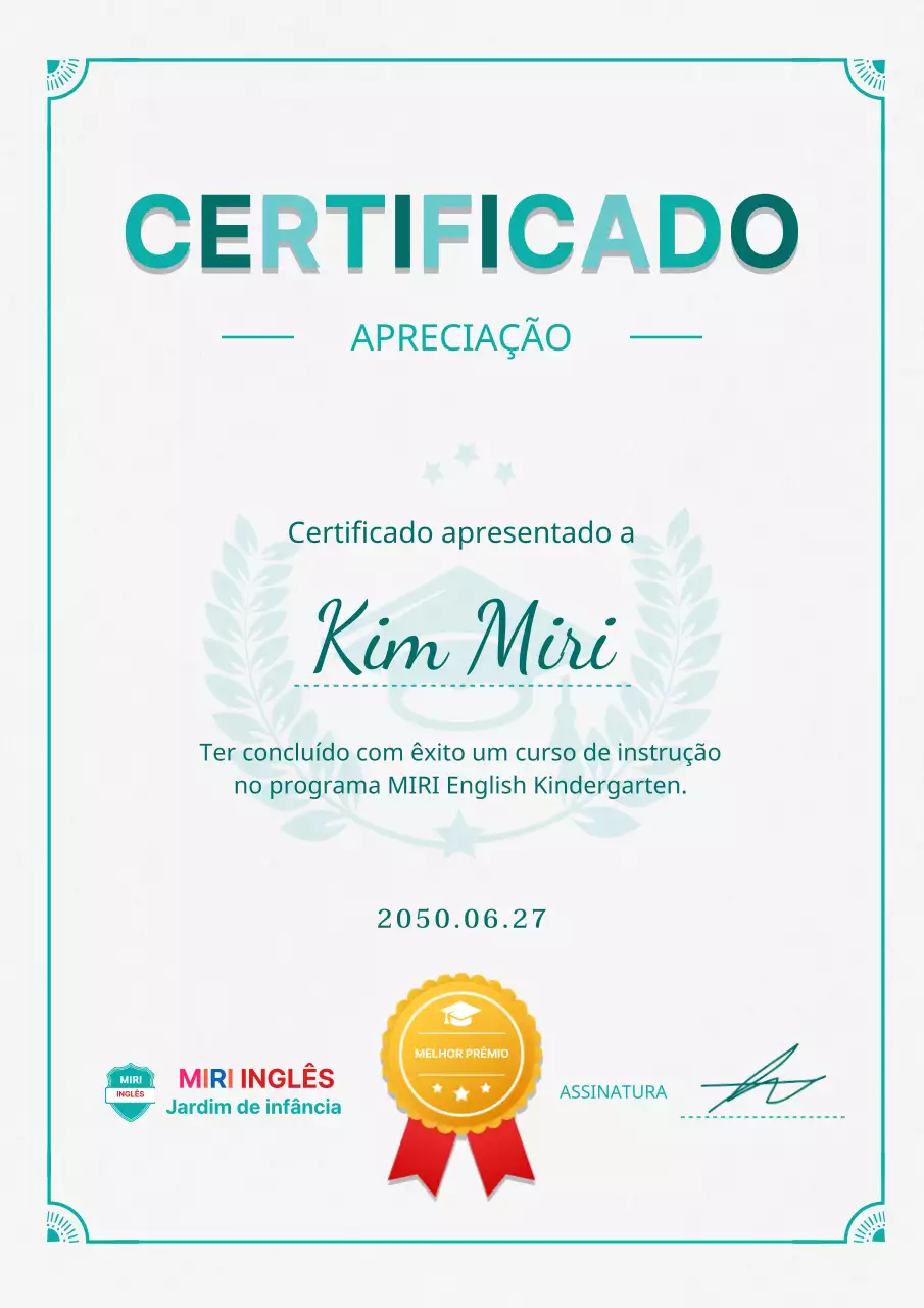 Certificado de jardim de infância em inglês simples em hortelã