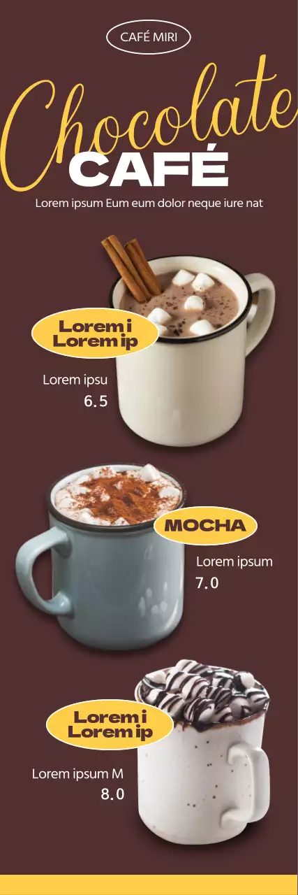 Ementa de bebidas sazonais outonais com um fundo castanho quente e fotografias de bebidas de chocolate e letra cursiva inglesa.