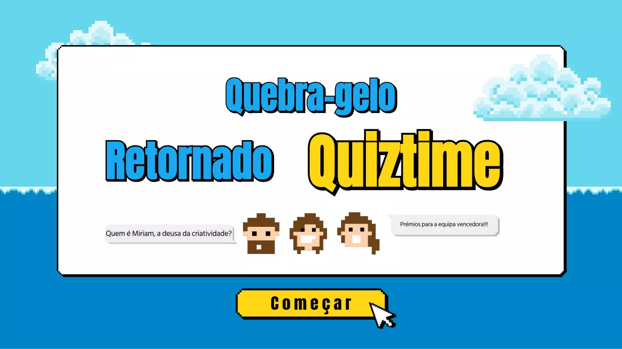 Jogo de perguntas para a oficina com um toque pixelizado azul e amarelo