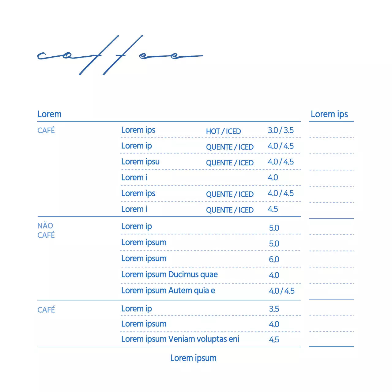 Menu de bebidas do White Blue Simple Cafe
