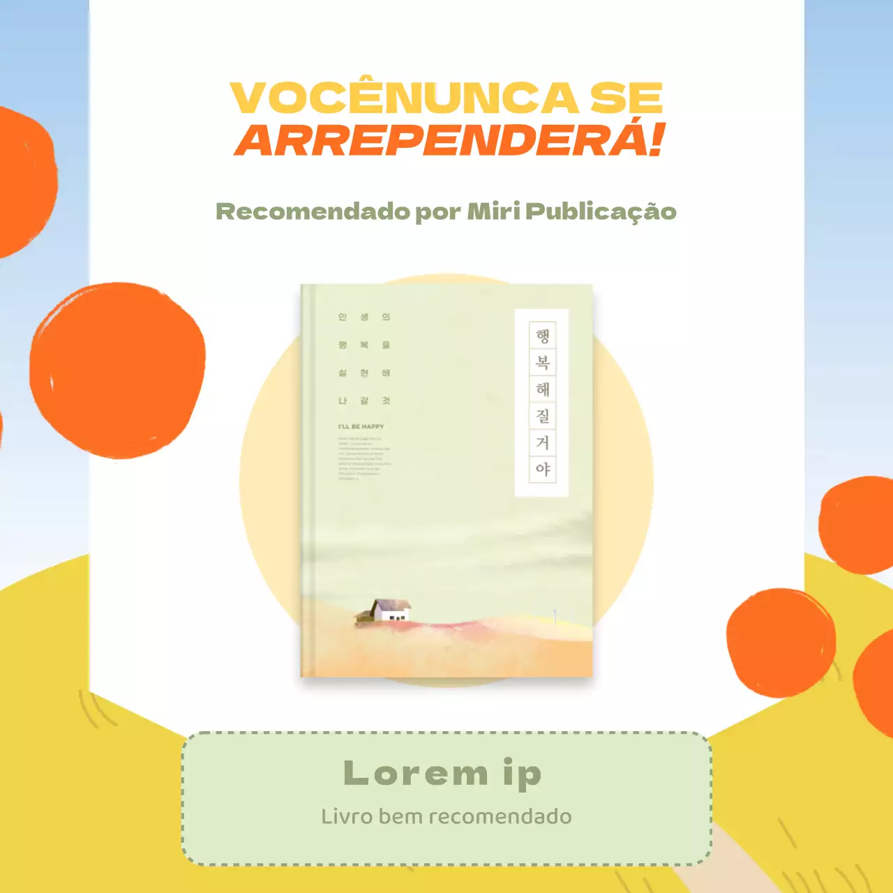 Promoção de recomendação de livro com fundo de ilustração amarelo e laranja V1