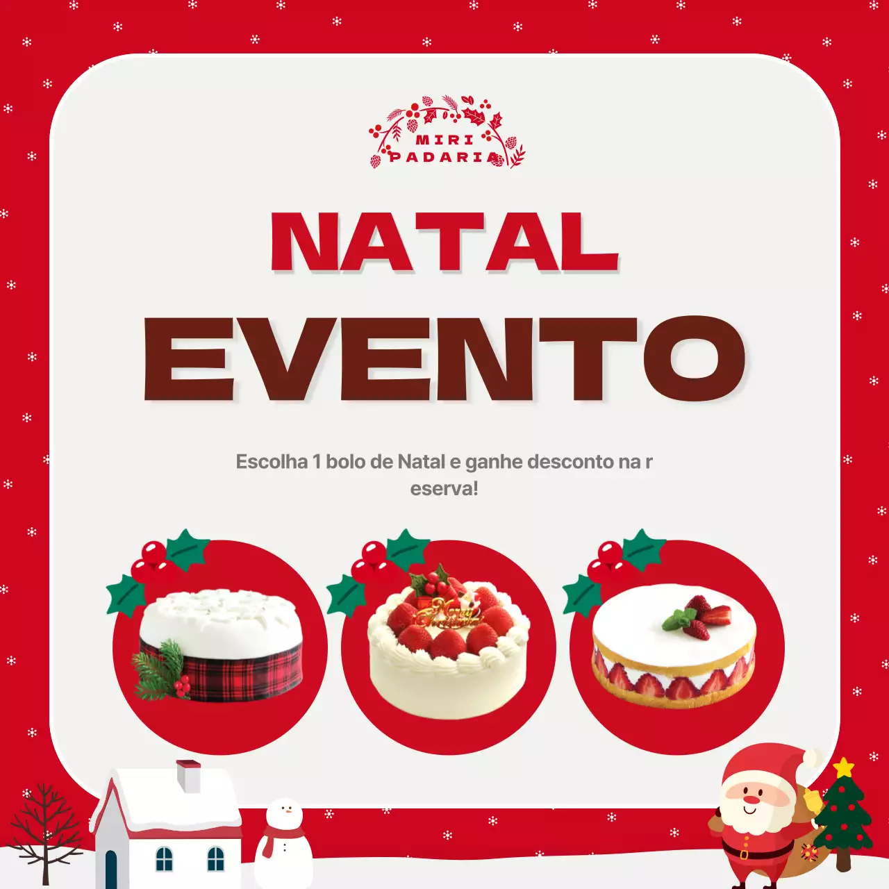 Cartaz do evento de venda de bolos de Natal vermelhos e verdes