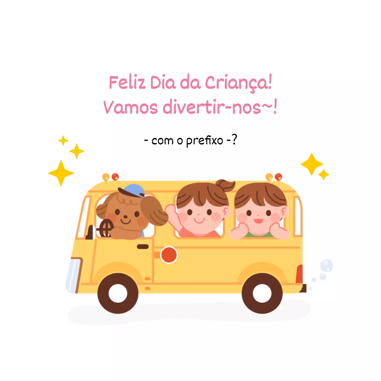 Saudações do Dia da Criança com um autocarro amarelo e uma criança