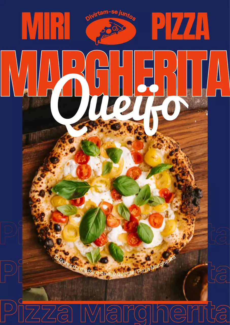Menu de pizza com um fundo azul-marinho nítido e um esquema de letra laranja dinâmico e arrojado