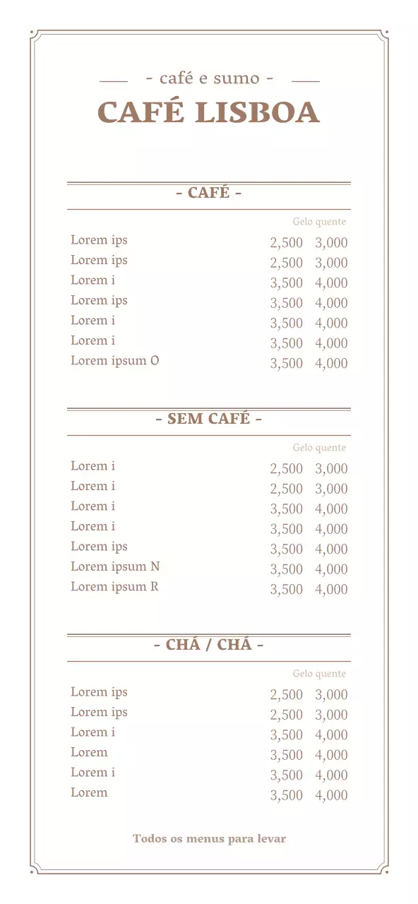 Um guia para o quadro de ementas de café castanho e branco, com moldura de classe