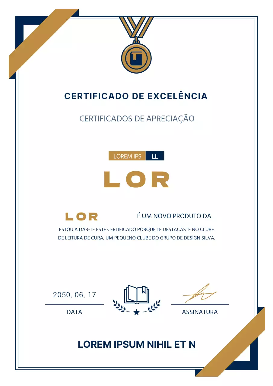 Certificado de excelência do Círculo de Leitura Simples em azul-marinho e dourado