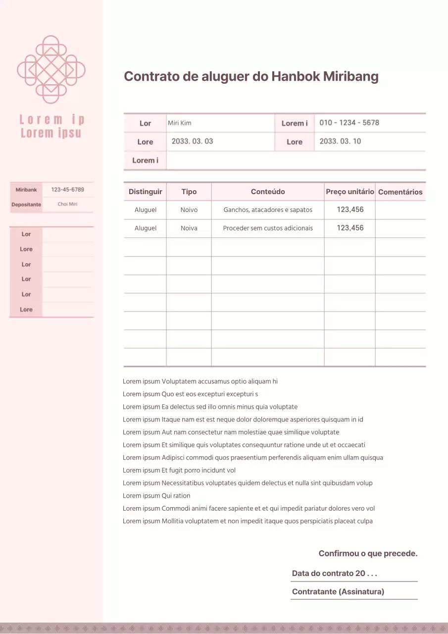 Modelo de contrato de encomenda de aluguer de hanbok tradicional em tons pastel rosa