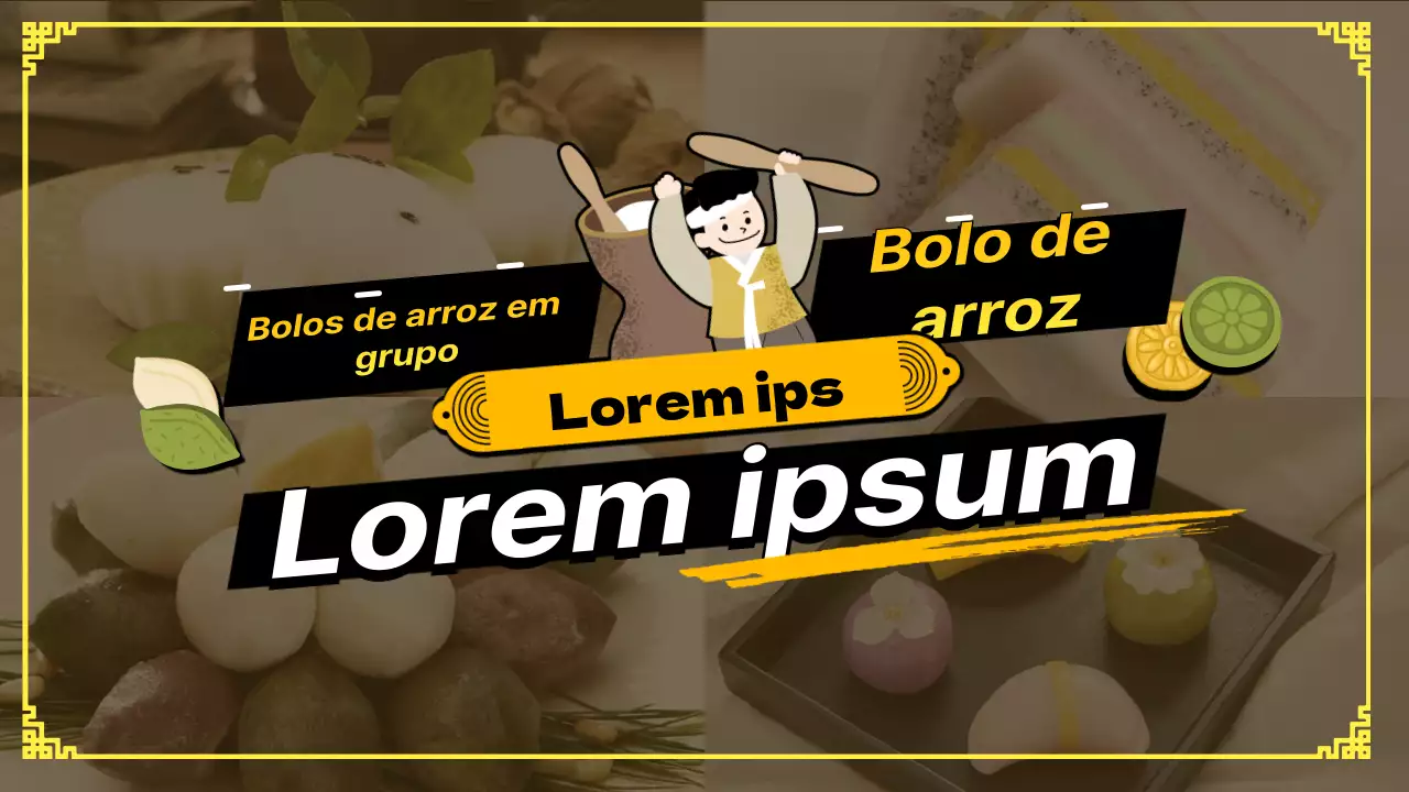 Tema promocional de encomenda de Mochi com fotografias amarelas e ilustrações engraçadas