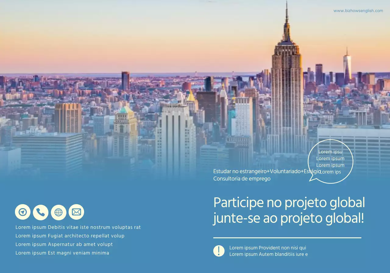 Para promover uma escola de línguas com fotografias azuis e amarelas de paisagens estrangeiras