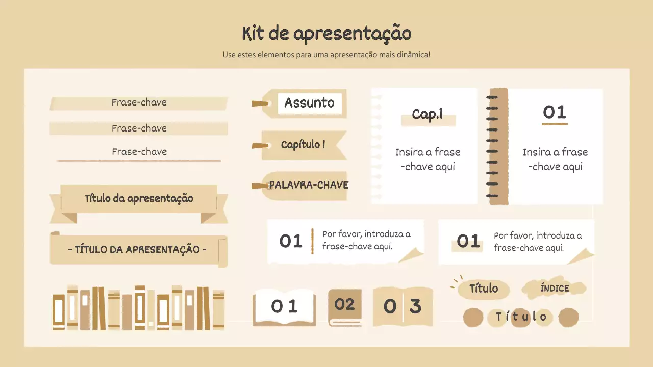 Kit de apresentação com ilustrações sentimentais de livros desenhados à mão em castanho e verde