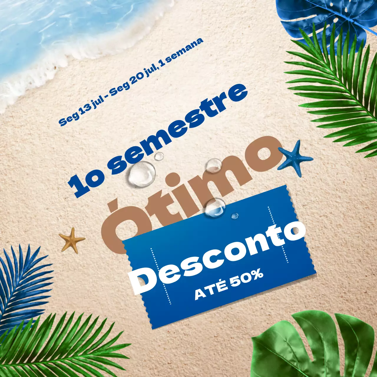 Azul Bege Limpo e tropical na praia conceito de cupão Promoção de desconto de fim de ano no primeiro semestre