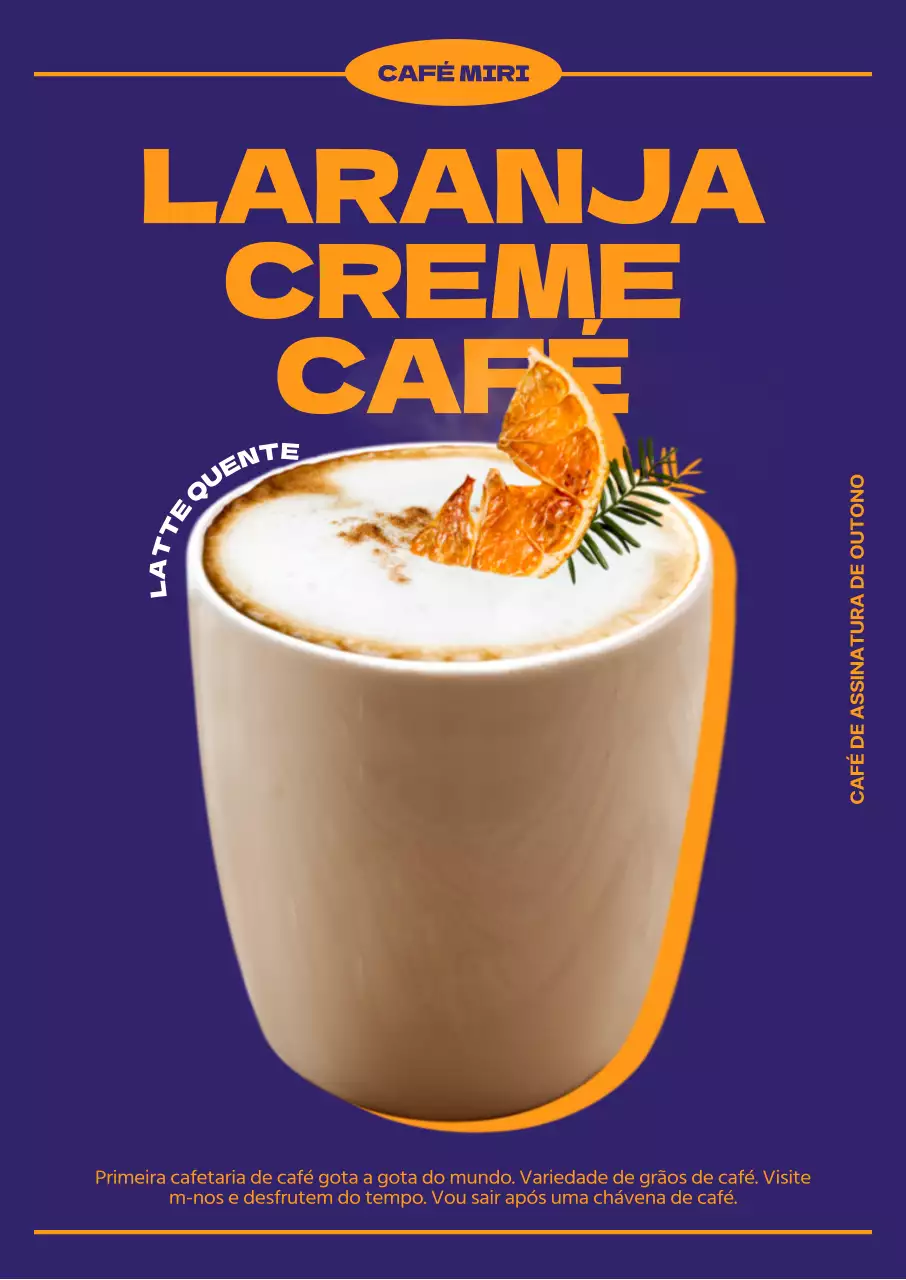 Um menu de café outonal com um toque de cores complementares, um esquema de letra arrojado e fotografias de café.