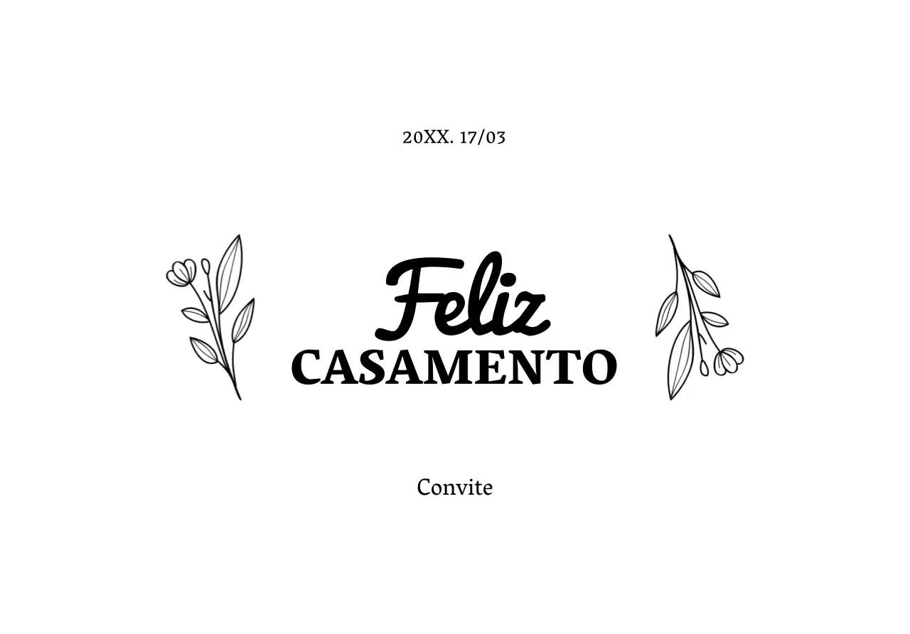 Um envelope de convite de casamento elegante com texto preto e ilustrações florais.