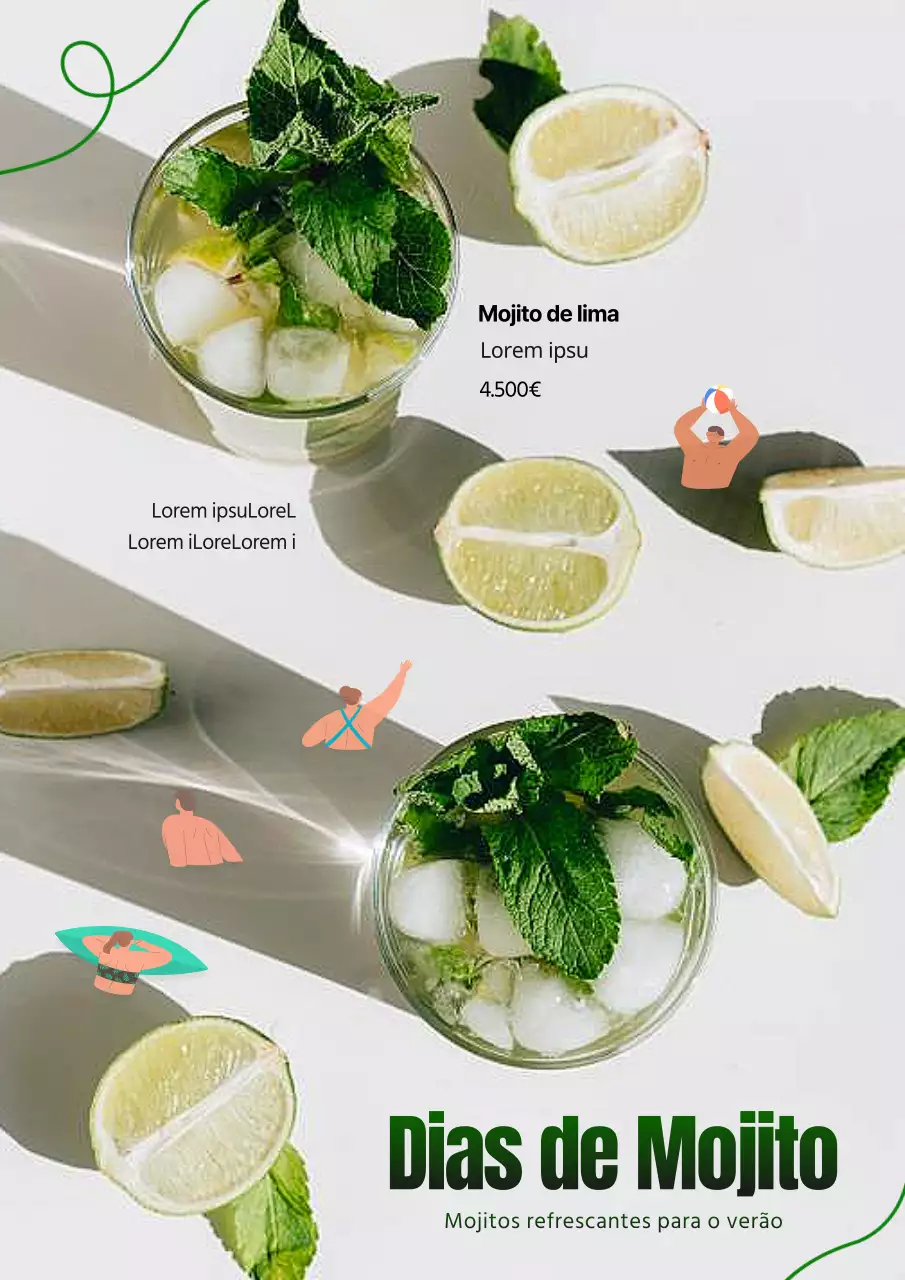 Promoção de uma bebida mojito inspirada no verão com um fundo branco e uma ilustração