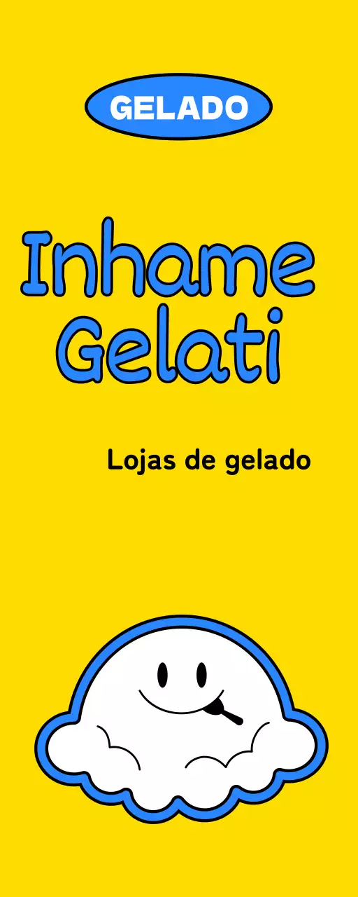 Promoção de uma loja de gelados com uma ilustração de uma personagem de gelado amarela e azul