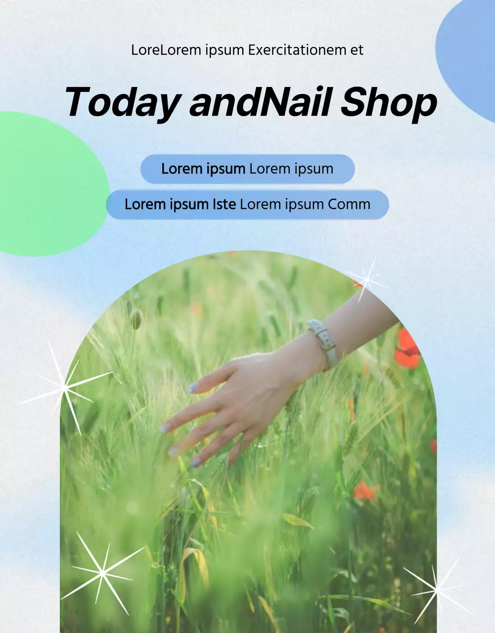 Tema promocional para um salão de manicura com unhas com fotografias em chartreuse e azul