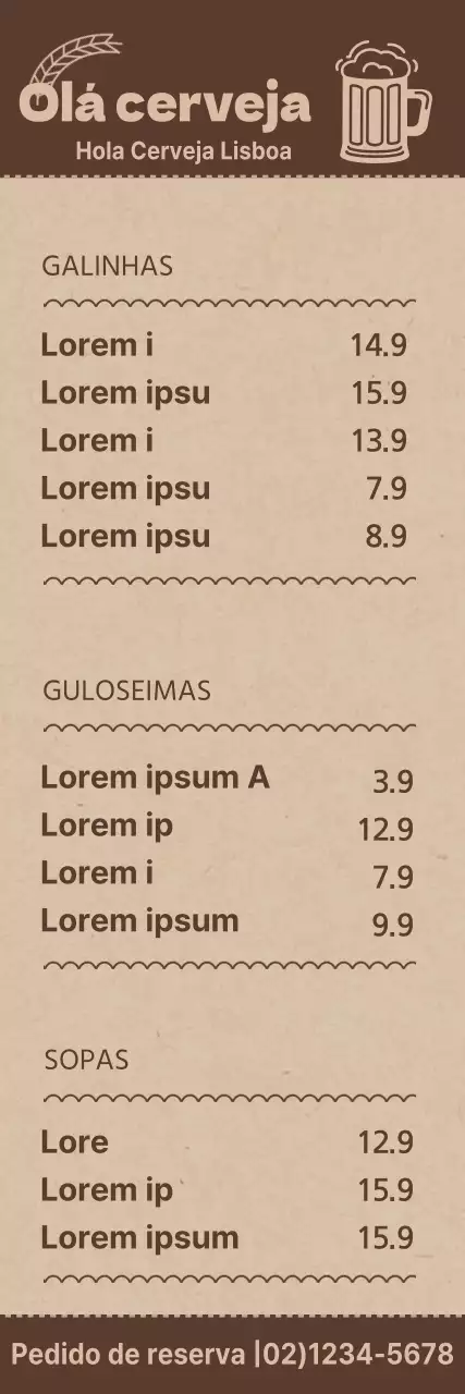 Guia de menus para uma cervejaria de conceito simples em castanho e castanho claro