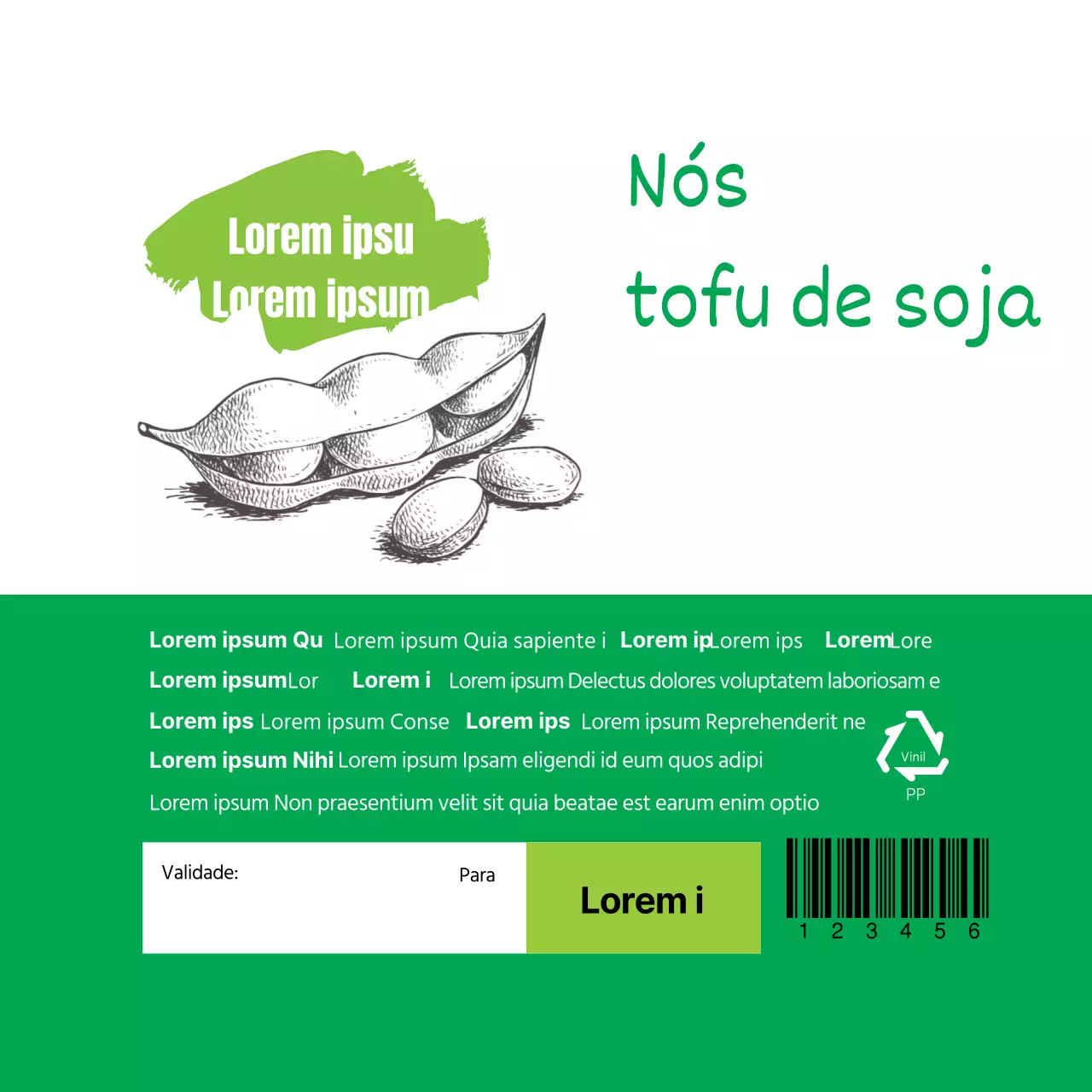 Rótulo de informação alimentar do tofu verde
