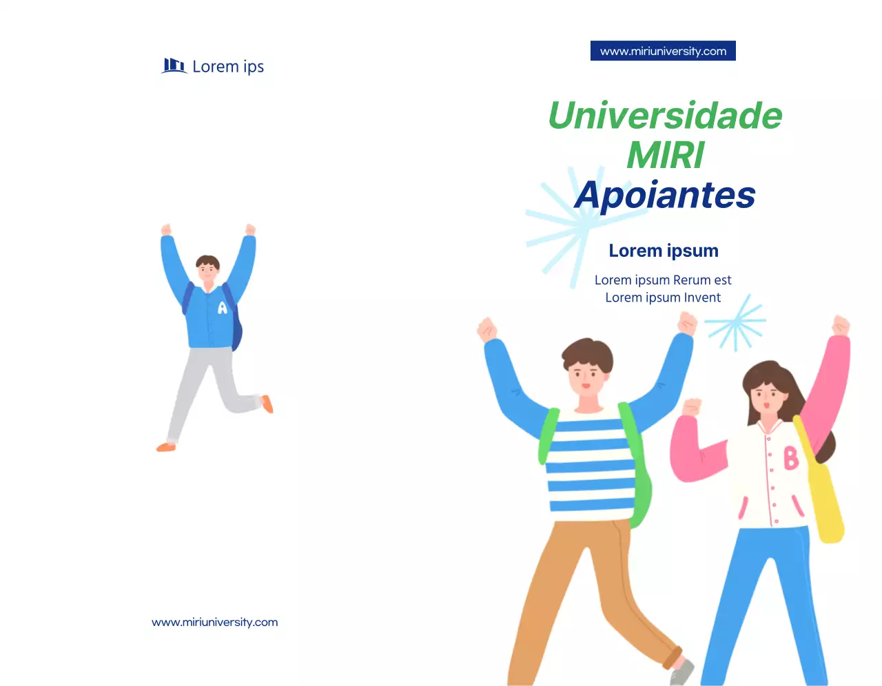 Uma promoção simples de apoiantes da universidade com texto e ilustrações a azul-marinho.